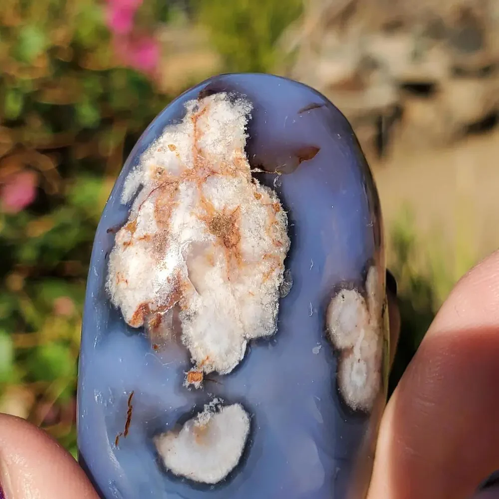 Blue Flower Blossom Agate Translucent Palmstone Crystal 66 grams